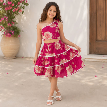 The Magic Wand Cambric Cotton Woven One Shoulder Floral Printed Laced Top And Tiered Skirt Set - Fuchsia