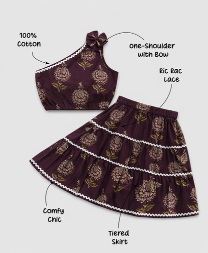 The Magic Wand Cambric Cotton Woven One Shoulder Floral Printed Laced Top And Tiered Skirt Set - Wine