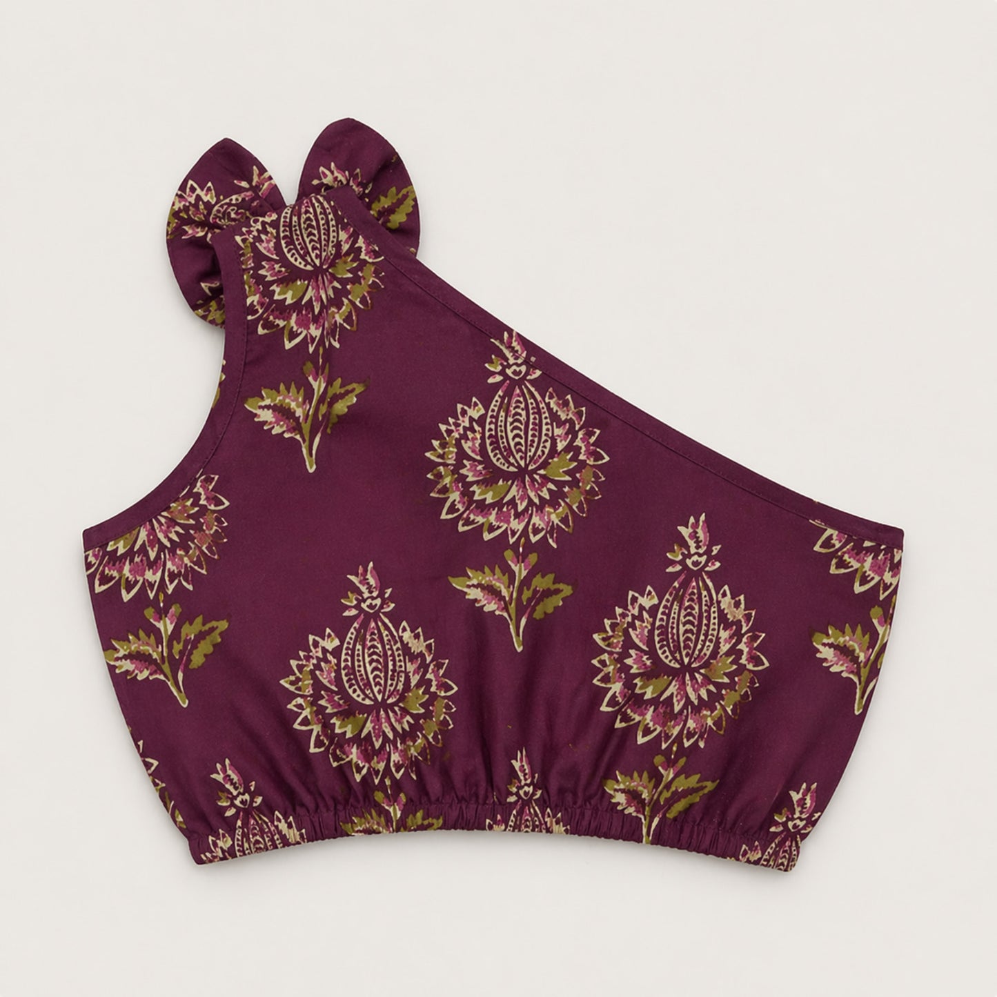 The Magic Wand Cambric Cotton Woven One Shoulder Floral Printed Laced Top And Tiered Skirt Set - Wine