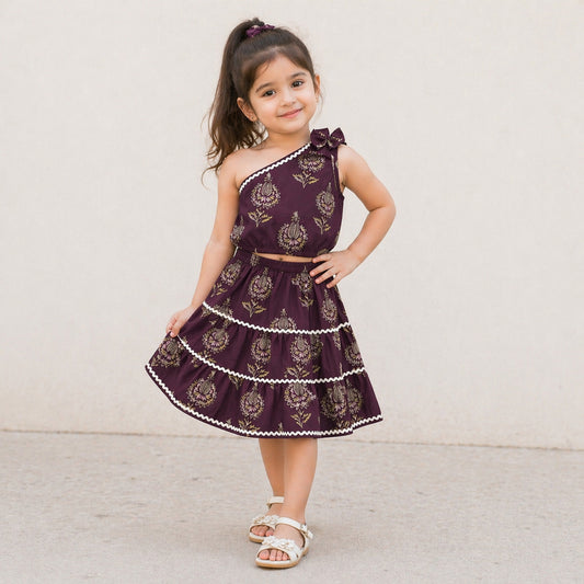 The Magic Wand Cambric Cotton Woven One Shoulder Floral Printed Laced Top And Tiered Skirt Set - Wine