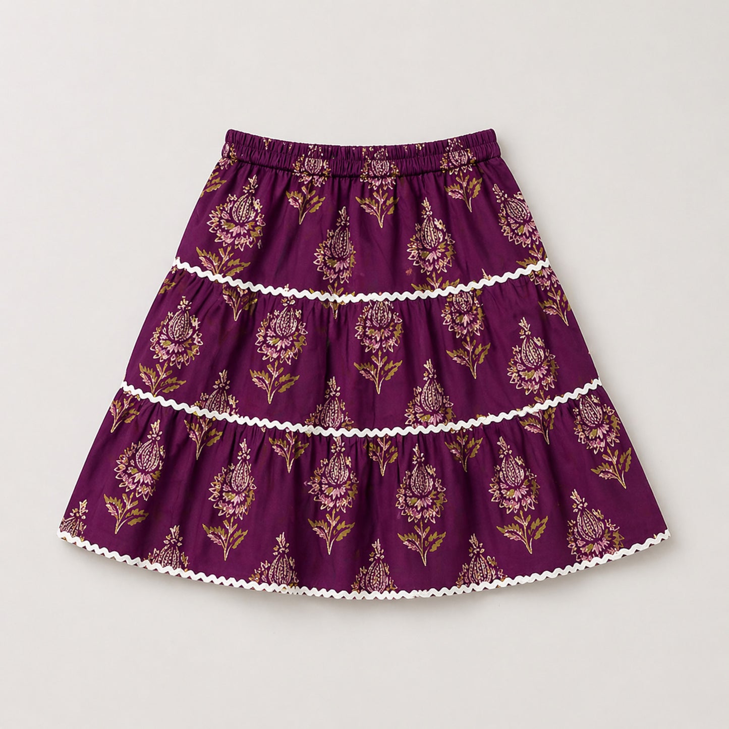 The Magic Wand Cambric Cotton Woven One Shoulder Floral Printed Laced Top And Tiered Skirt Set - Wine