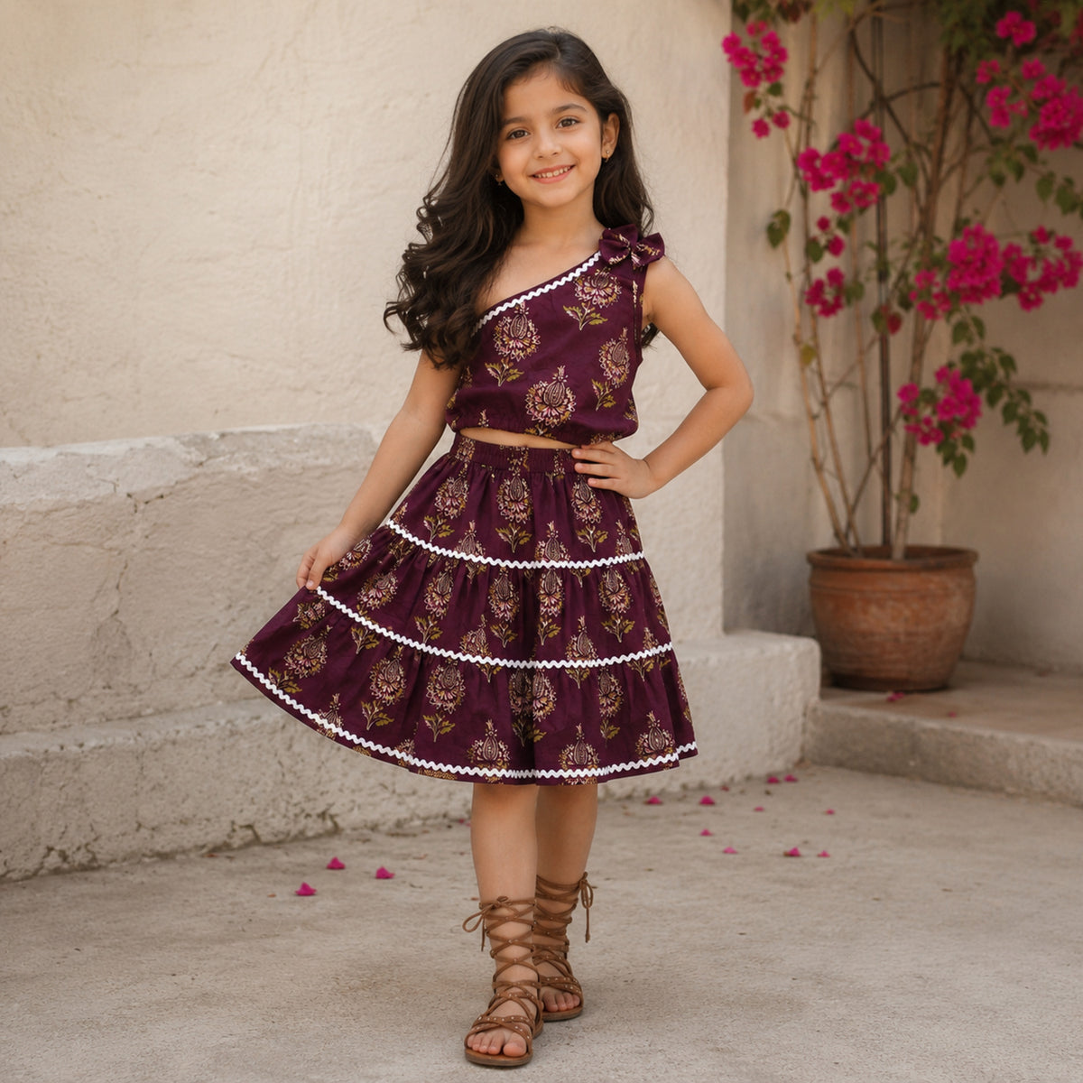 The Magic Wand Cambric Cotton Woven One Shoulder Floral Printed Laced Top And Tiered Skirt Set - Wine