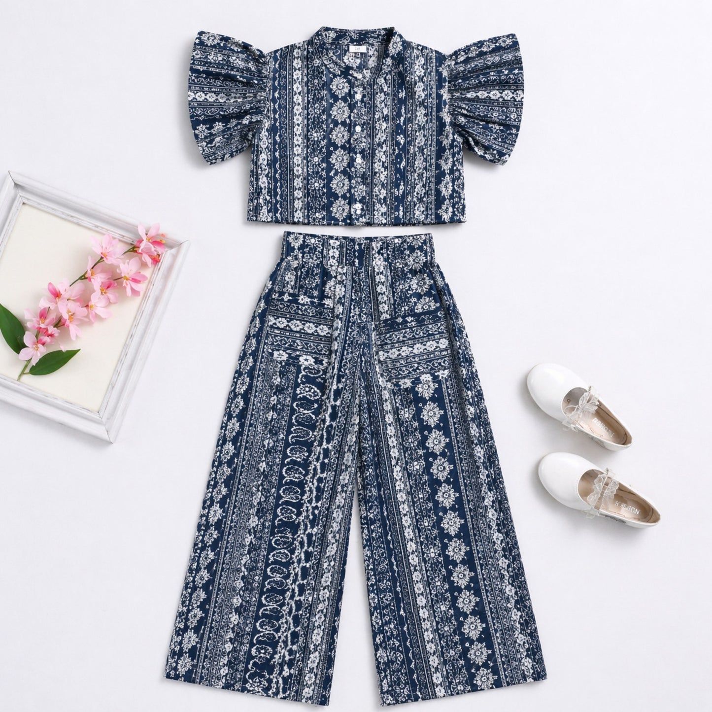 The Magic Wand Cambric Cotton Woven Ruffle Sleeves Paisley Printed Shirt And Pant Set - Navy Blue
