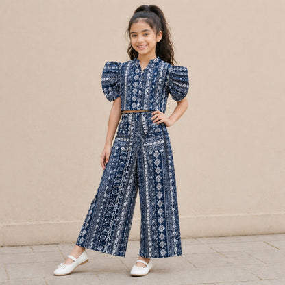 The Magic Wand Cambric Cotton Woven Ruffle Sleeves Paisley Printed Shirt And Pant Set - Navy Blue