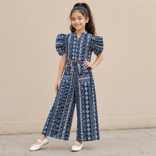 The Magic Wand Cambric Cotton Woven Ruffle Sleeves Paisley Printed Shirt And Pant Set - Navy Blue