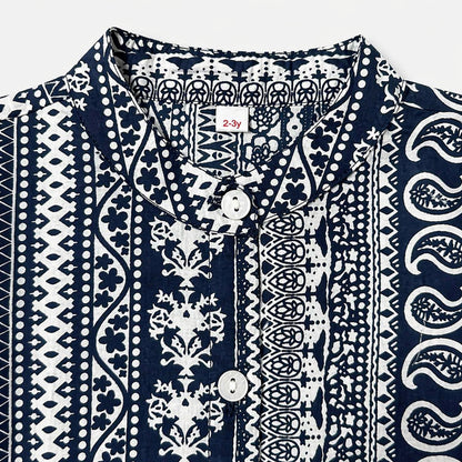 The Magic Wand Cambric Cotton Woven Ruffle Sleeves Paisley Printed Shirt And Pant Set - Navy Blue