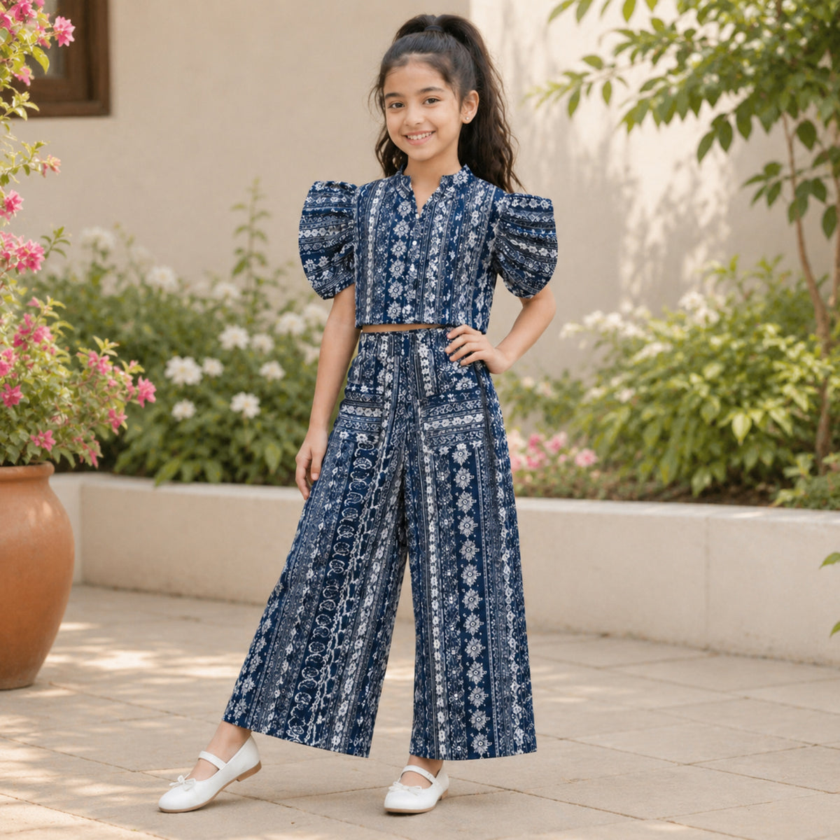 The Magic Wand Cambric Cotton Woven Ruffle Sleeves Paisley Printed Shirt And Pant Set - Navy Blue