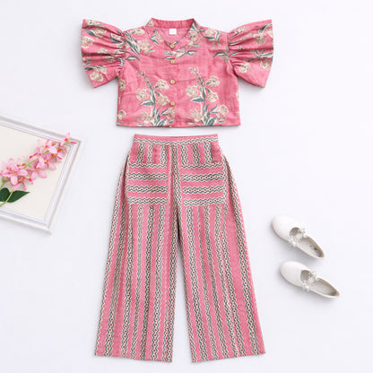 The Magic Wand Cambric Cotton Woven Ruffle Sleeves Floral Printed Shirt And Pant Set - Coral