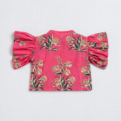 The Magic Wand Cambric Cotton Woven Ruffle Sleeves Floral Printed Shirt And Pant Set - Coral