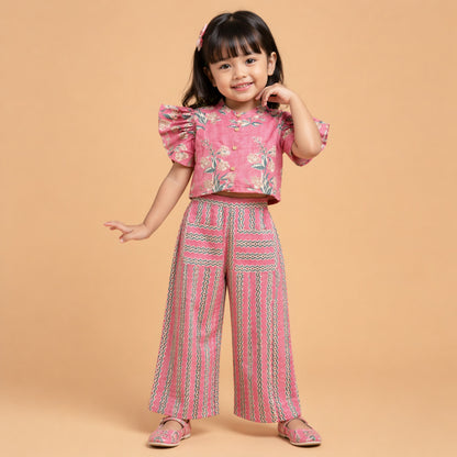 The Magic Wand Cambric Cotton Woven Ruffle Sleeves Floral Printed Shirt And Pant Set - Coral