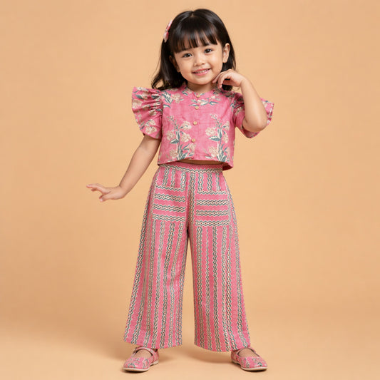 The Magic Wand Cambric Cotton Woven Ruffle Sleeves Floral Printed Shirt And Pant Set - Coral