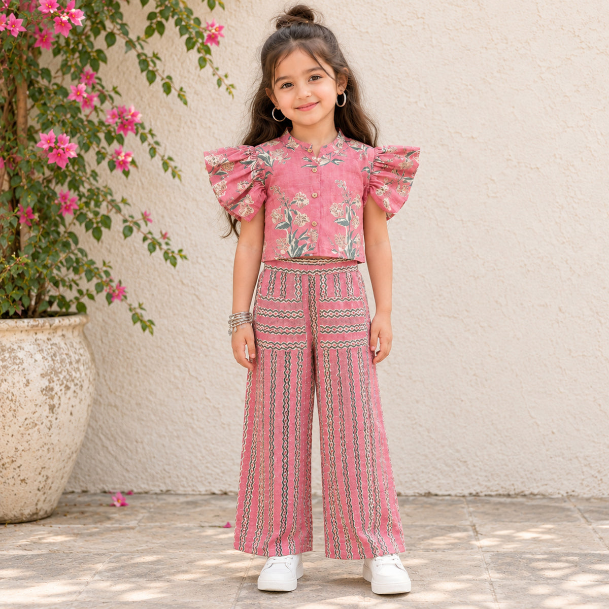 The Magic Wand Cambric Cotton Woven Ruffle Sleeves Floral Printed Shirt And Pant Set - Coral