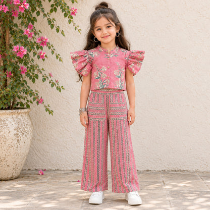 The Magic Wand Cambric Cotton Woven Ruffle Sleeves Floral Printed Shirt And Pant Set - Coral