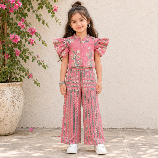 The Magic Wand Cambric Cotton Woven Ruffle Sleeves Floral Printed Shirt And Pant Set - Coral