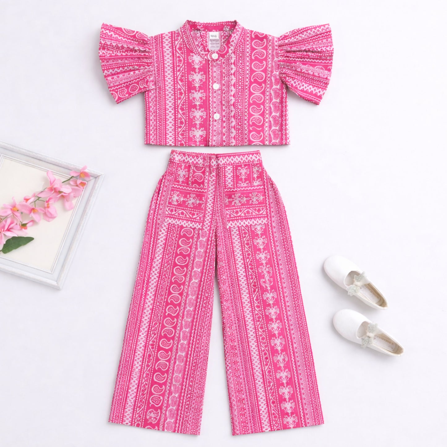 The Magic Wand Cambric Cotton Woven Ruffle Sleeves Paisley Printed Shirt And Pant Set -Fuchsia
