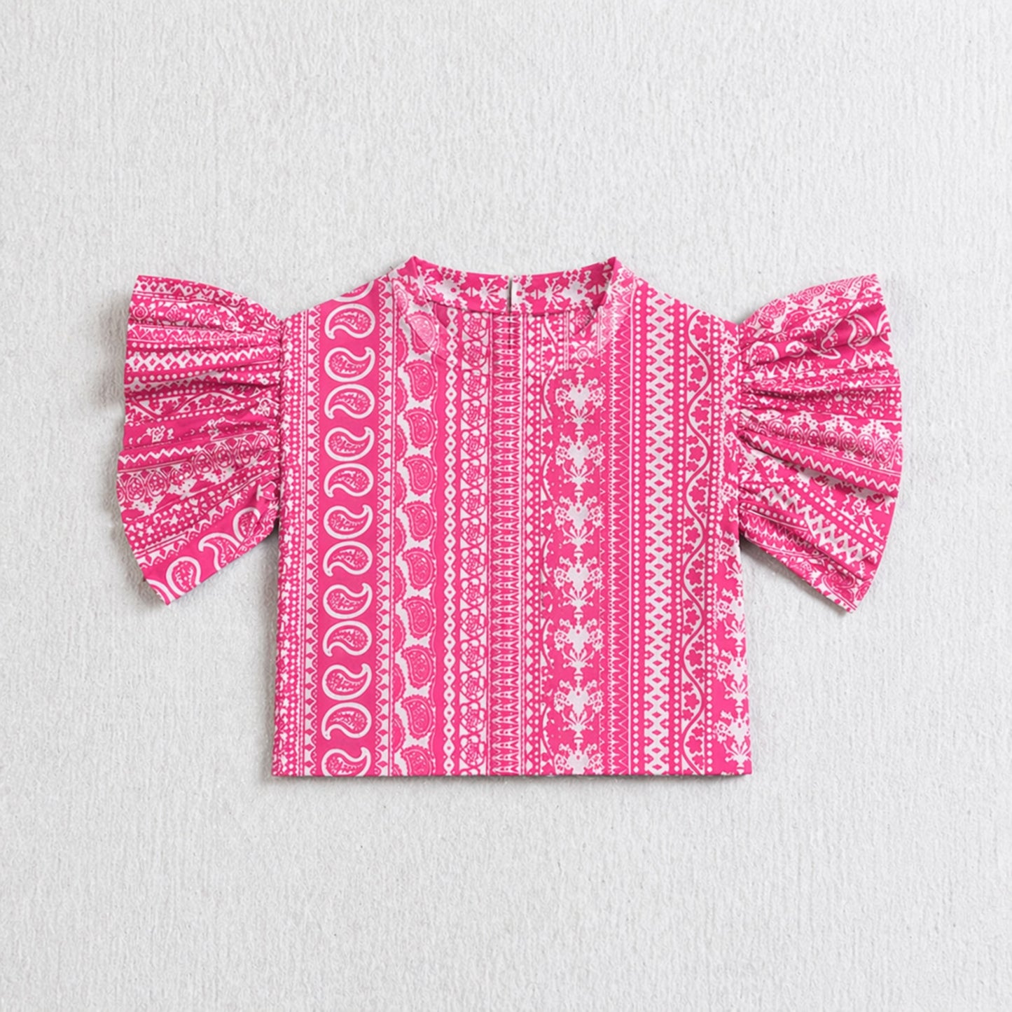The Magic Wand Cambric Cotton Woven Ruffle Sleeves Paisley Printed Shirt And Pant Set -Fuchsia
