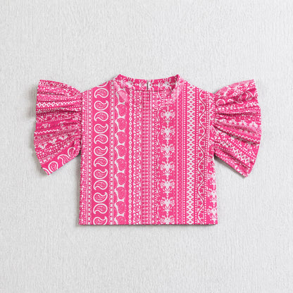 The Magic Wand Cambric Cotton Woven Ruffle Sleeves Paisley Printed Shirt And Pant Set -Fuchsia