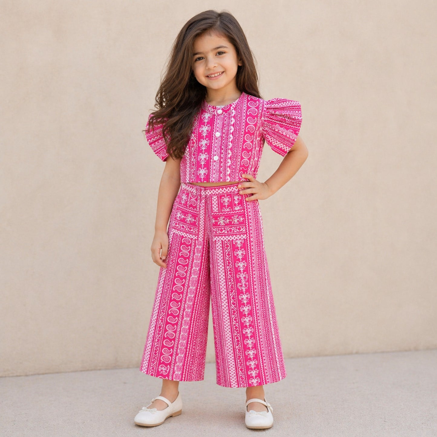The Magic Wand Cambric Cotton Woven Ruffle Sleeves Paisley Printed Shirt And Pant Set -Fuchsia