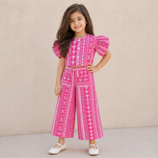 The Magic Wand Cambric Cotton Woven Ruffle Sleeves Paisley Printed Shirt And Pant Set -Fuchsia