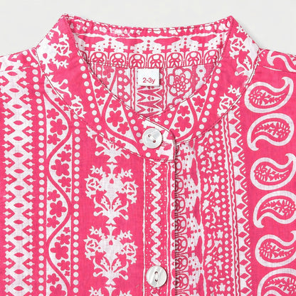 The Magic Wand Cambric Cotton Woven Ruffle Sleeves Paisley Printed Shirt And Pant Set -Fuchsia