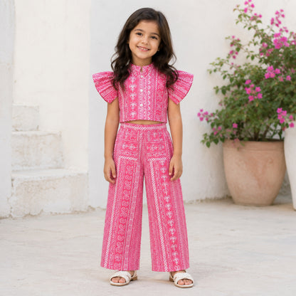 The Magic Wand Cambric Cotton Woven Ruffle Sleeves Paisley Printed Shirt And Pant Set -Fuchsia