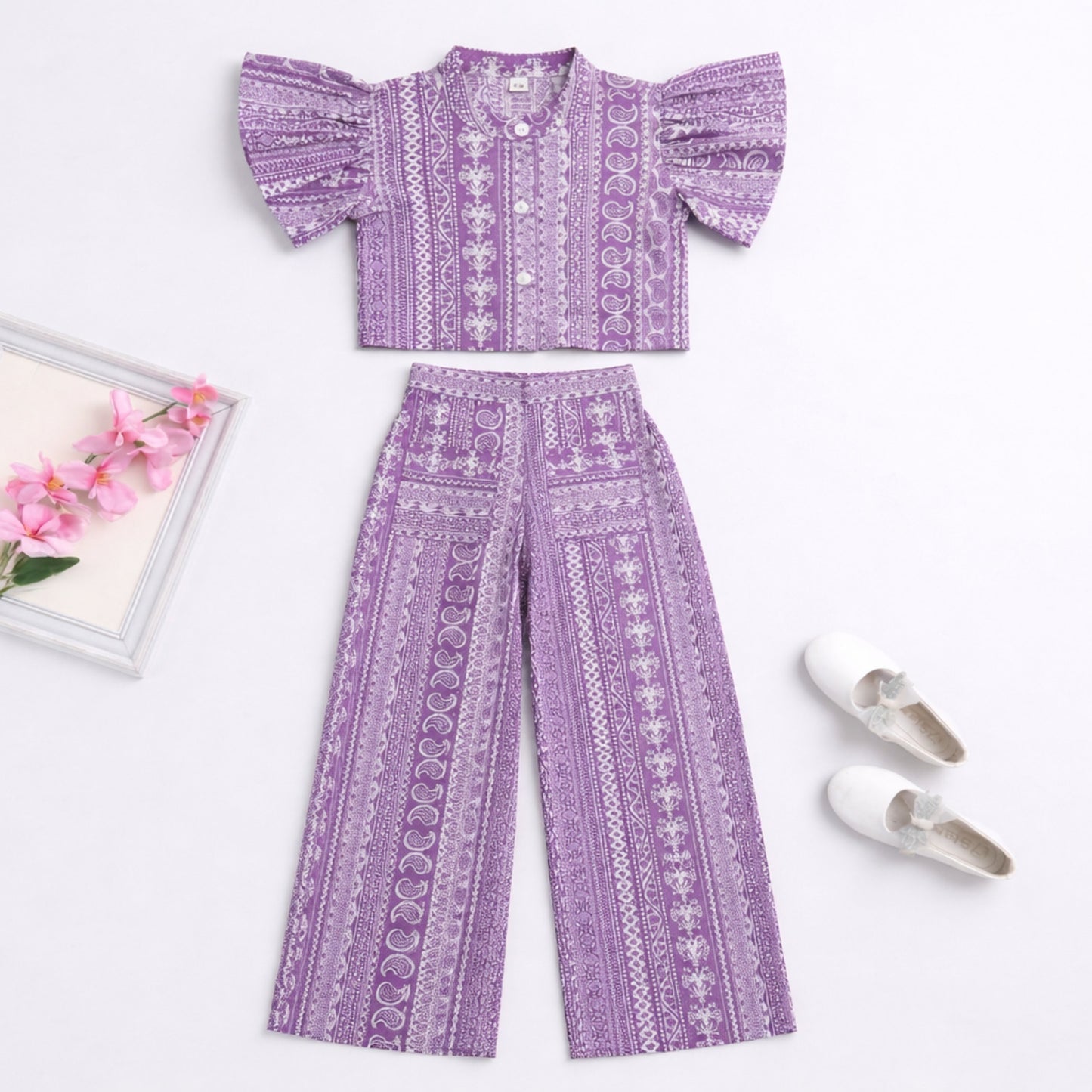 The Magic Wand Cambric Cotton Woven Ruffle Sleeves Paisley Printed Shirt And Pant Set -Purple