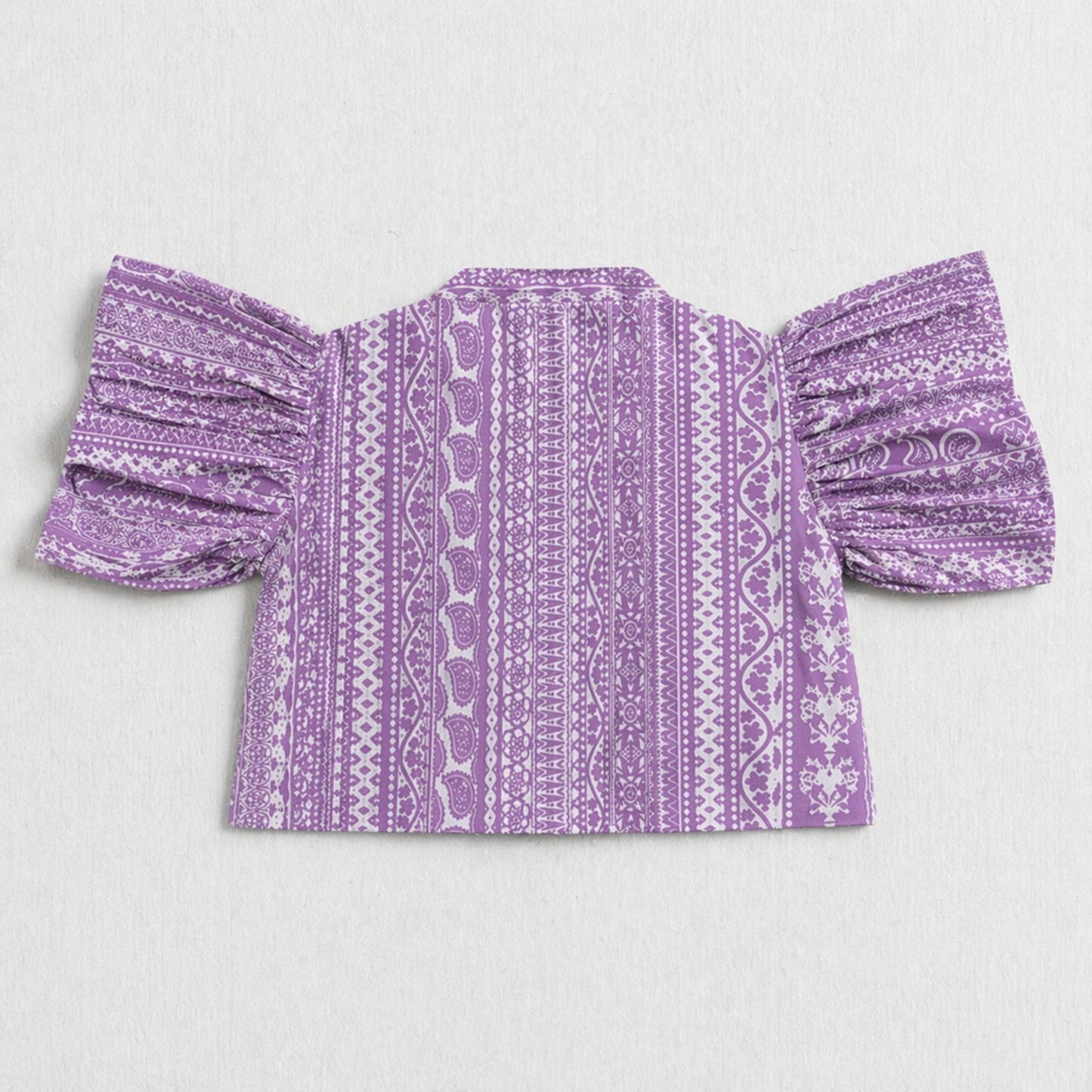 The Magic Wand Cambric Cotton Woven Ruffle Sleeves Paisley Printed Shirt And Pant Set -Purple