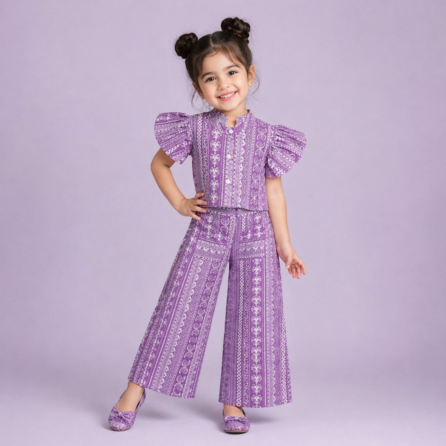 The Magic Wand Cambric Cotton Woven Ruffle Sleeves Paisley Printed Shirt And Pant Set -Purple