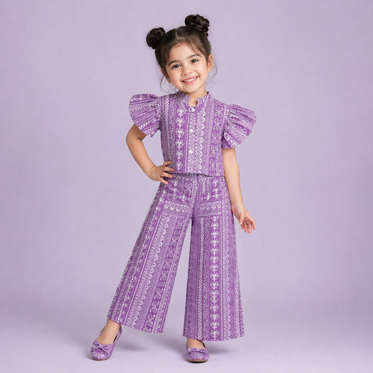 The Magic Wand Cambric Cotton Woven Ruffle Sleeves Paisley Printed Shirt And Pant Set -Purple