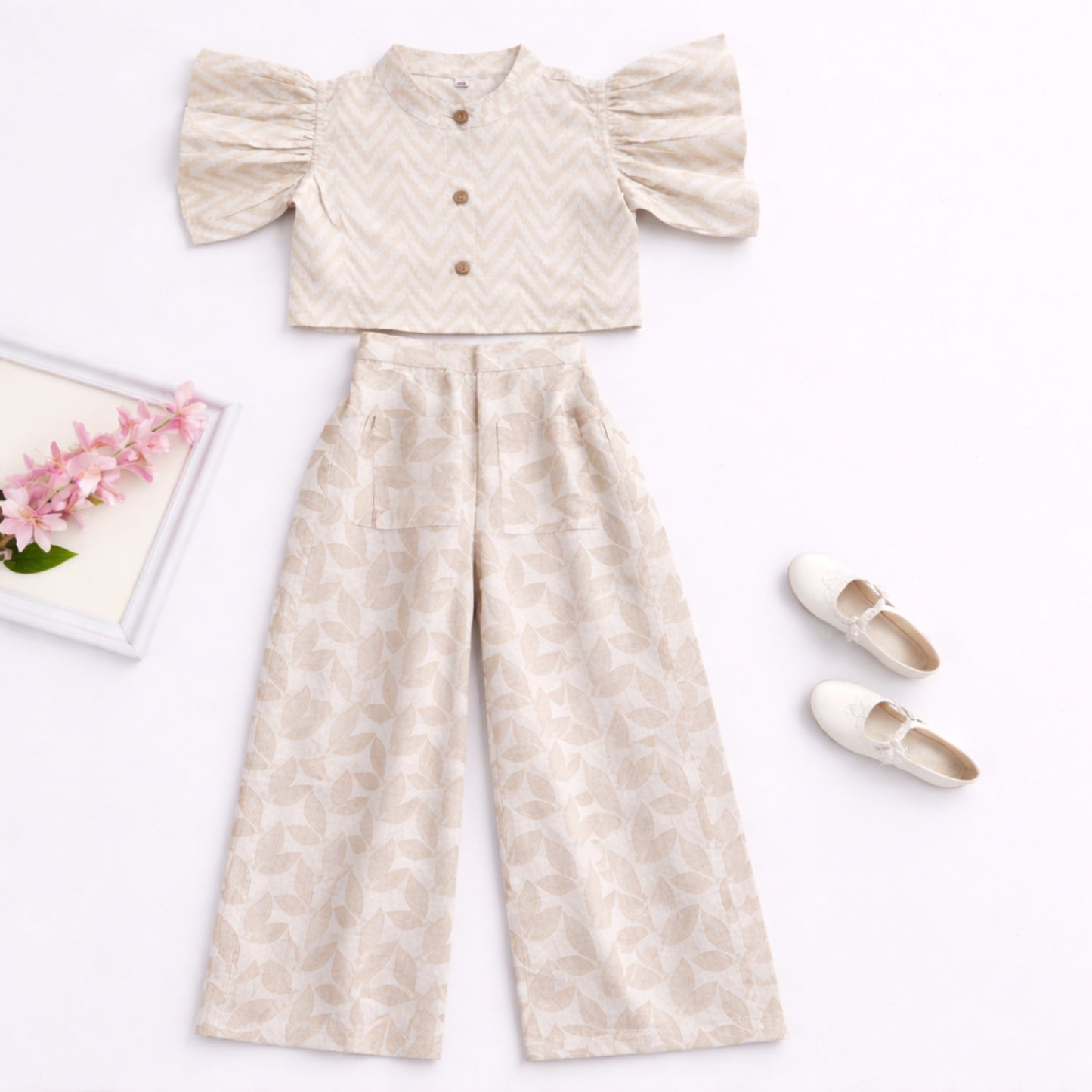 The Magic Wand Cambric Cotton Woven Ruffle Sleeves Zig Zag Printed Shirt And Floral Pant Set - Off White