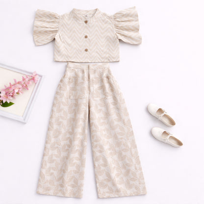 The Magic Wand Cambric Cotton Woven Ruffle Sleeves Zig Zag Printed Shirt And Floral Pant Set - Off White