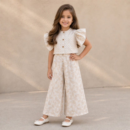 The Magic Wand Cambric Cotton Woven Ruffle Sleeves Zig Zag Printed Shirt And Floral Pant Set - Off White