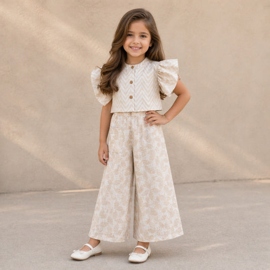 The Magic Wand Cambric Cotton Woven Ruffle Sleeves Zig Zag Printed Shirt And Floral Pant Set - Off White