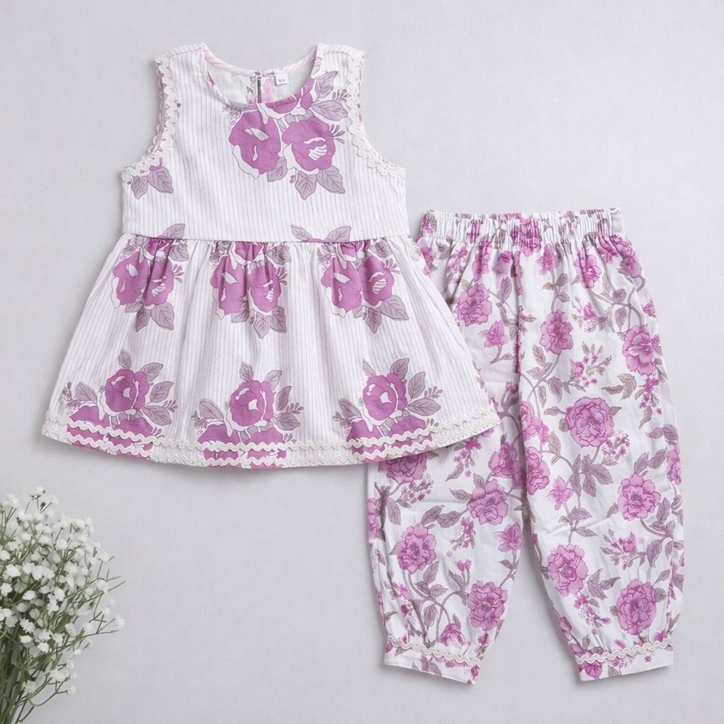 The Magic Wand Cambric Cotton Woven Sleeveless Floral Printed Kurta And Afghani Pant Set - Purple