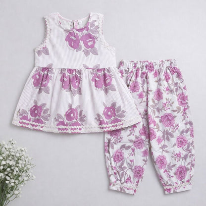 The Magic Wand Cambric Cotton Woven Sleeveless Floral Printed Kurta And Afghani Pant Set - Purple