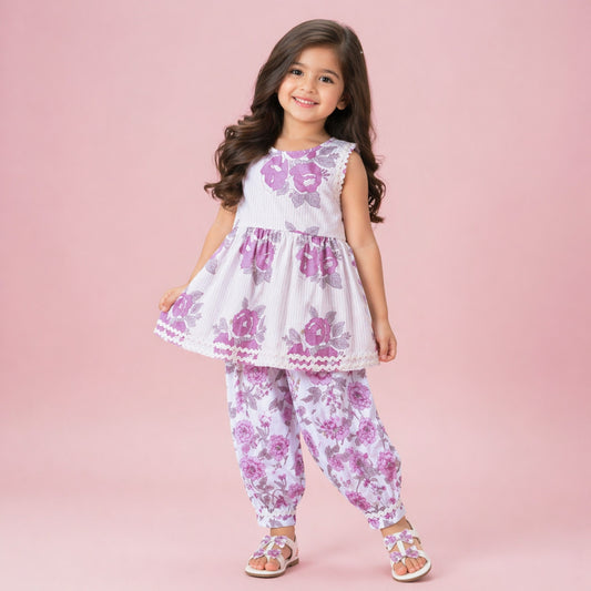 The Magic Wand Cambric Cotton Woven Sleeveless Floral Printed Kurta And Afghani Pant Set - Purple