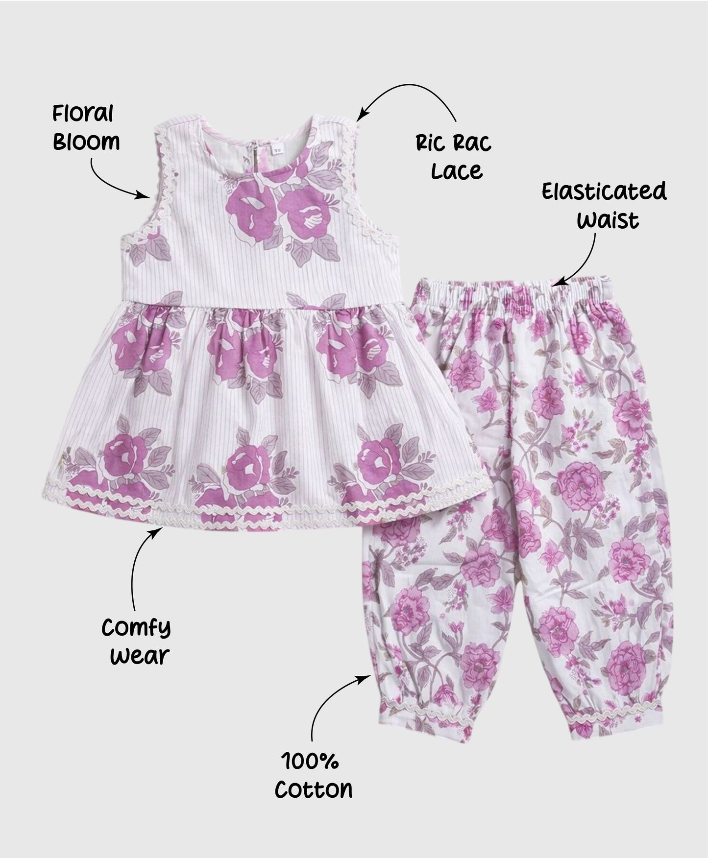 The Magic Wand Cambric Cotton Woven Sleeveless Floral Printed Kurta And Afghani Pant Set - Purple
