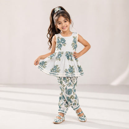 The Magic Wand Cambric Cotton Woven Sleeveless Floral Printed Kurta And Afghani Pant Set - Grey