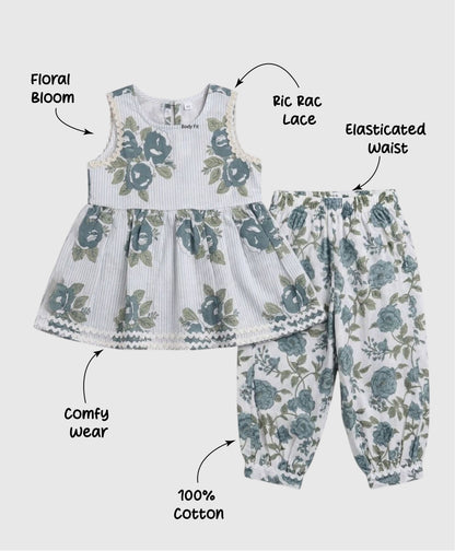 The Magic Wand Cambric Cotton Woven Sleeveless Floral Printed Kurta And Afghani Pant Set - Grey