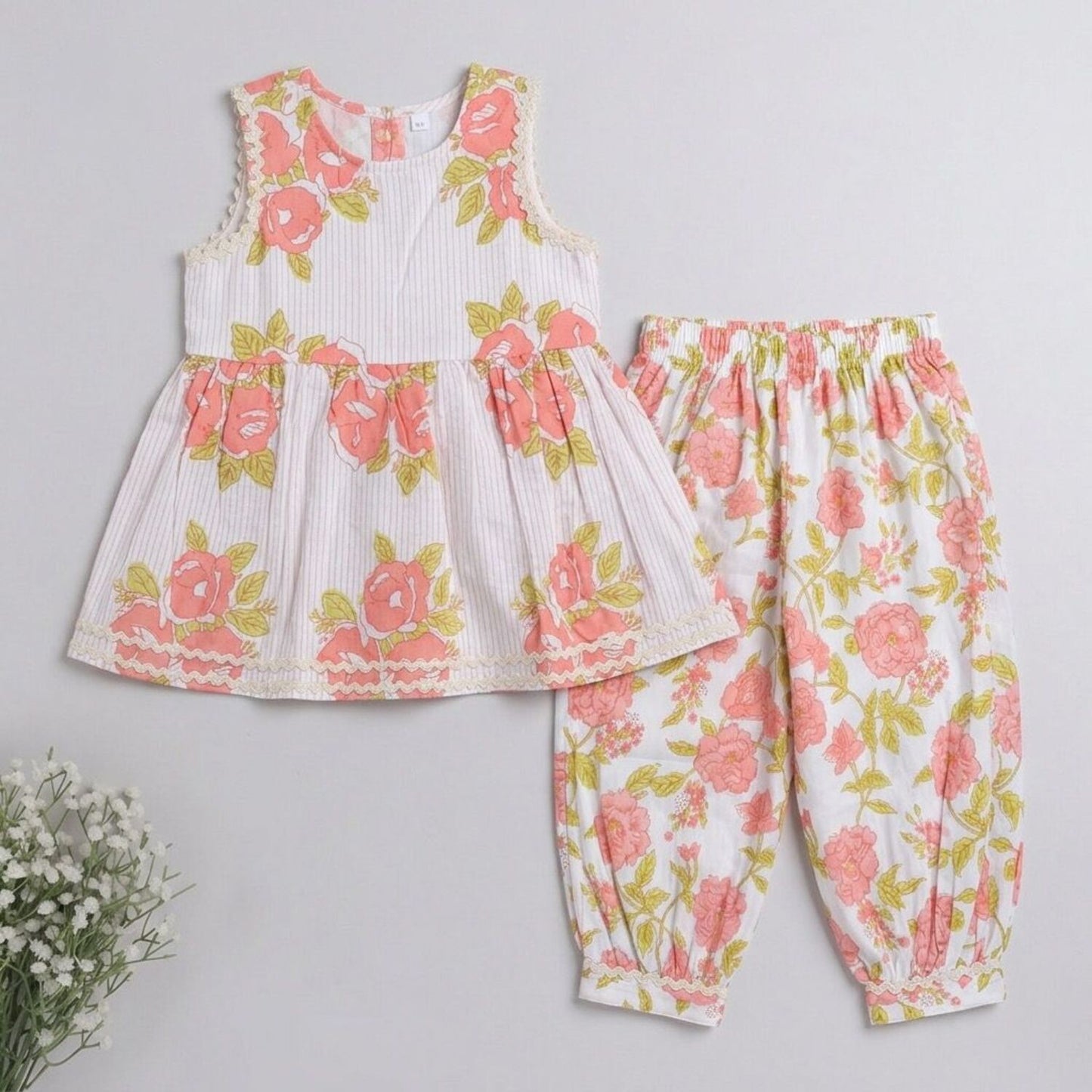 The Magic Wand Cambric Cotton Woven Sleeveless Floral Printed Kurta And Afghani Pant Set - Peach