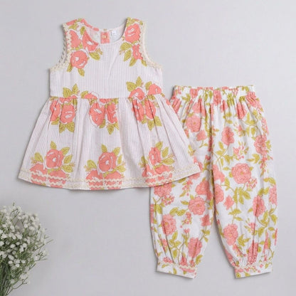 The Magic Wand Cambric Cotton Woven Sleeveless Floral Printed Kurta And Afghani Pant Set - Peach