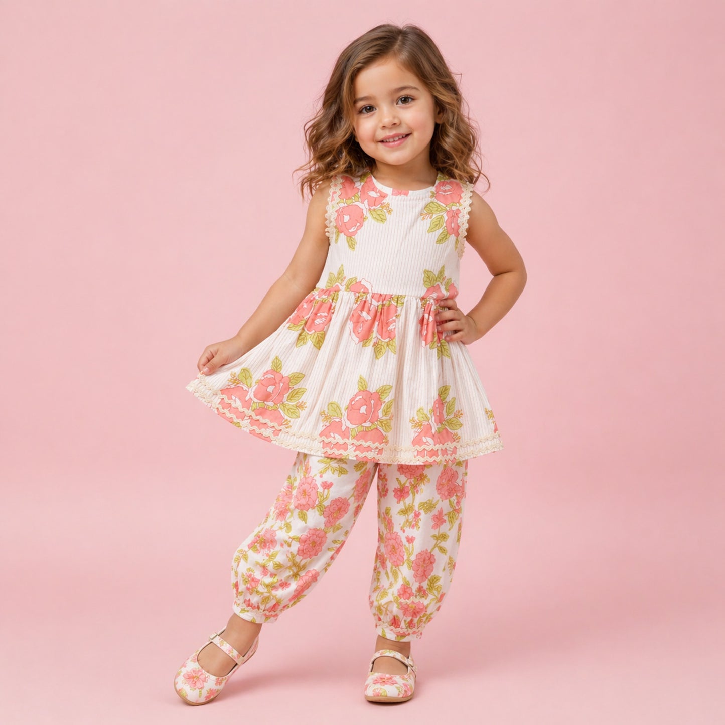 The Magic Wand Cambric Cotton Woven Sleeveless Floral Printed Kurta And Afghani Pant Set - Peach
