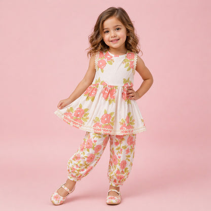 The Magic Wand Cambric Cotton Woven Sleeveless Floral Printed Kurta And Afghani Pant Set - Peach