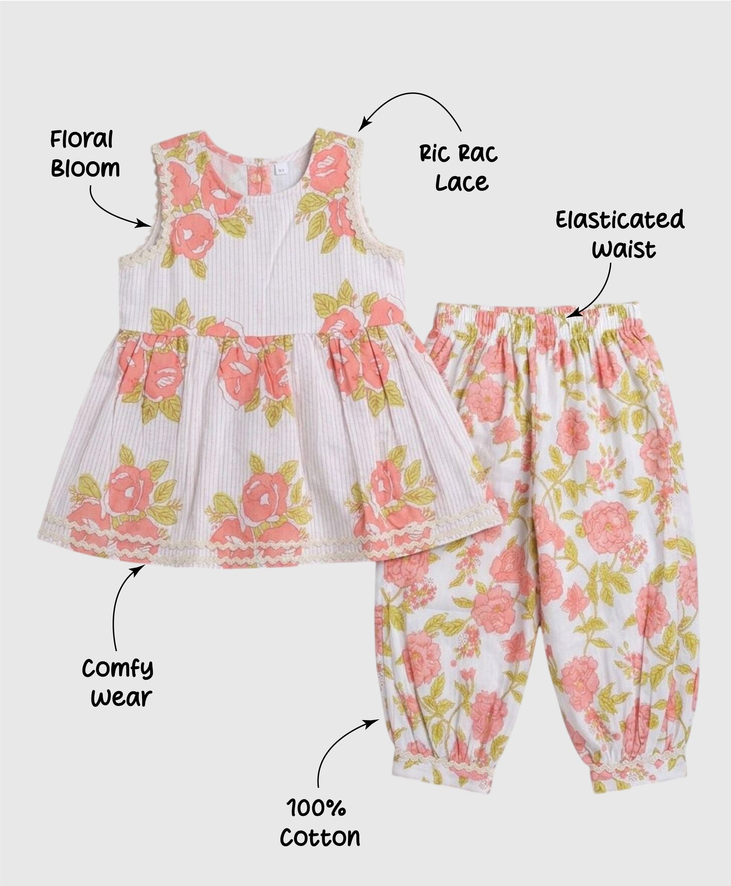 The Magic Wand Cambric Cotton Woven Sleeveless Floral Printed Kurta And Afghani Pant Set - Peach