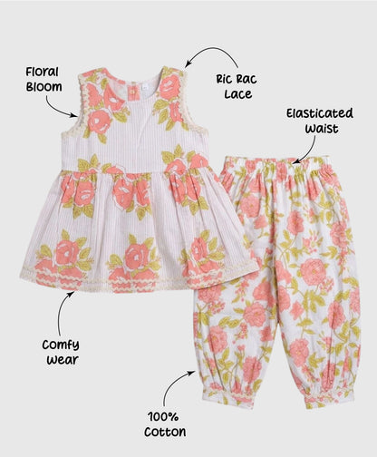 The Magic Wand Cambric Cotton Woven Sleeveless Floral Printed Kurta And Afghani Pant Set - Peach