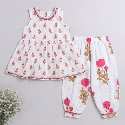The Magic Wand Cambric Cotton Woven Sleeveless Floral Printed Kurta And Afghani Pant Set - Fuchsia