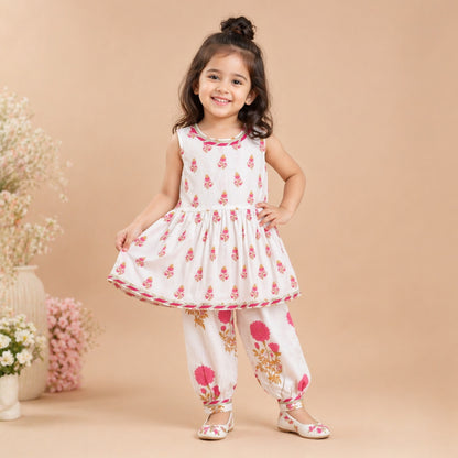 The Magic Wand Cambric Cotton Woven Sleeveless Floral Printed Kurta And Afghani Pant Set - Fuchsia
