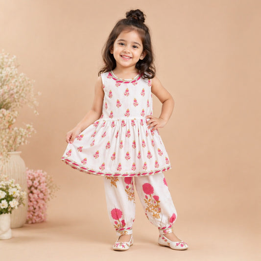 The Magic Wand Cambric Cotton Woven Sleeveless Floral Printed Kurta And Afghani Pant Set - Fuchsia