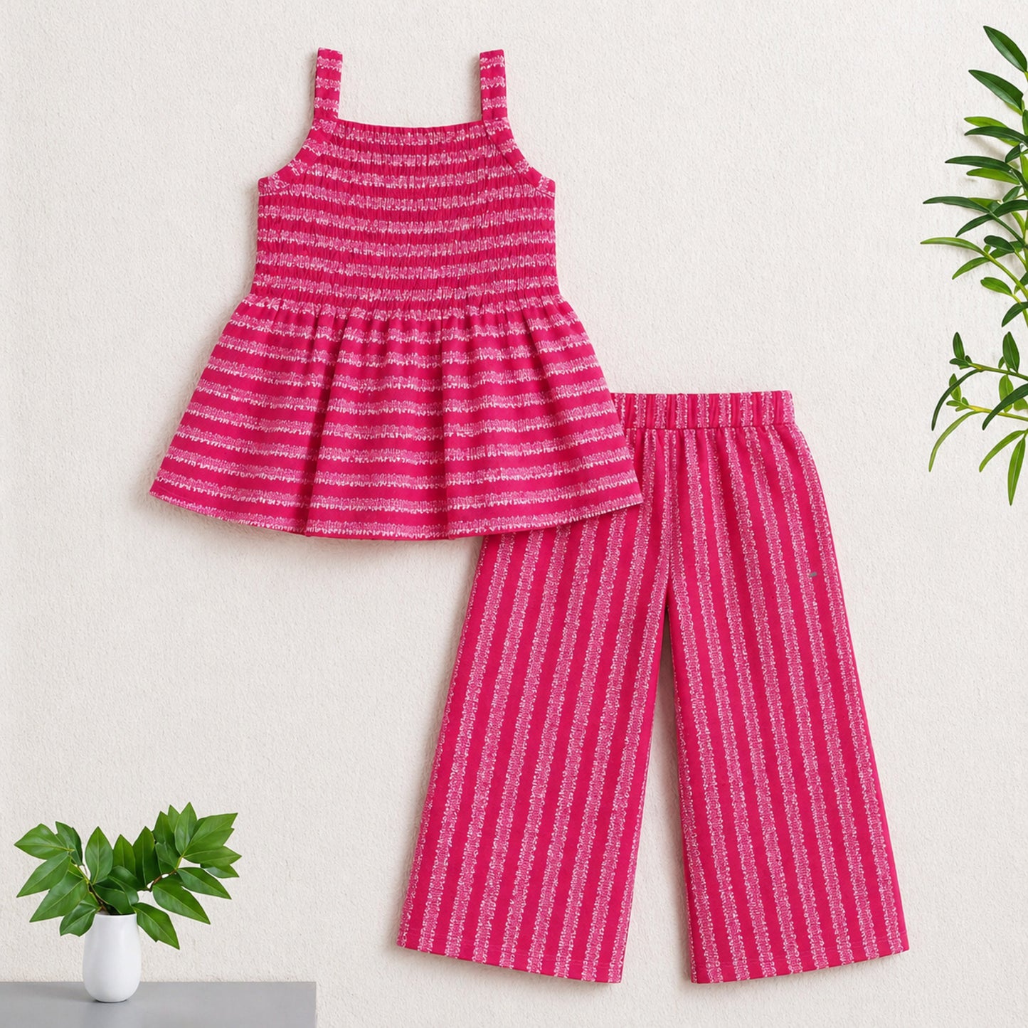 The Magic Wand Cotton Woven Strappy Stripes Printed Smocking Top And Pant Set - Fuchsia