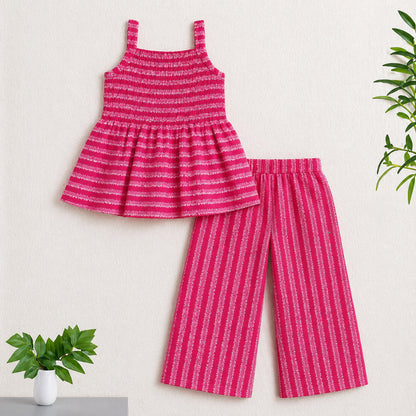 The Magic Wand Cotton Woven Strappy Stripes Printed Smocking Top And Pant Set - Fuchsia